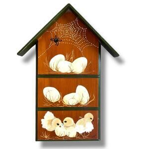 VTG Hand Painted Hen House Art Wooden Plaque Home Artist 1970s Eggs Chics